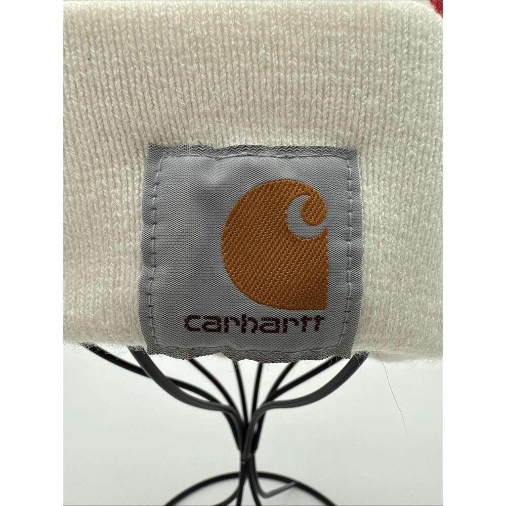 Carhartt Knit PomPom Cuffed Logo Beanie Red & White Stocking Hat New - Picture 2 of 6